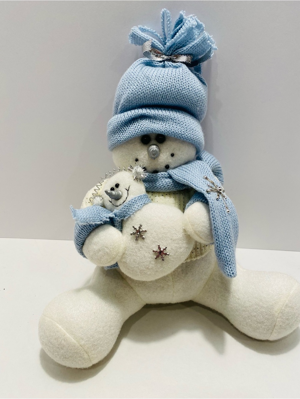 Blue Knit Hat Snowman Plush Holiday Decoration